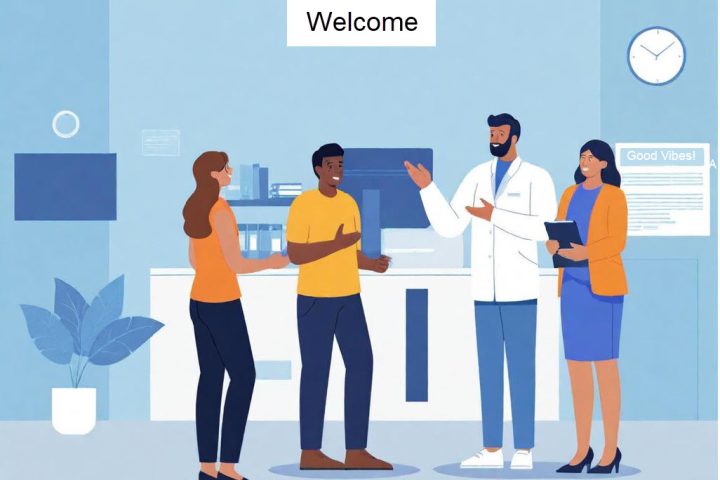 Doctor in Iowa happliy working with staff and patients